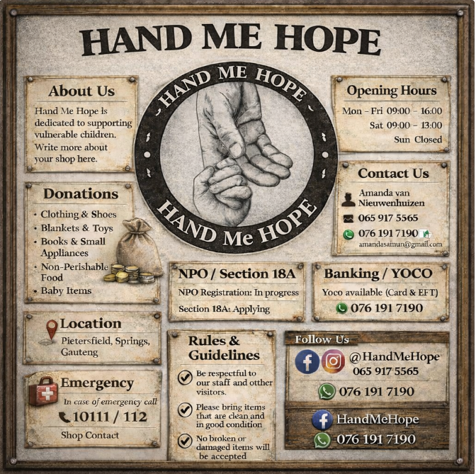 Hand Me Hope Shop in Pietersfield, Springs